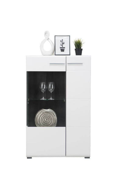 Elegant Royce White Short Display Cabinet with Glass Shelves and Black Interior - UK Luxury Furniture